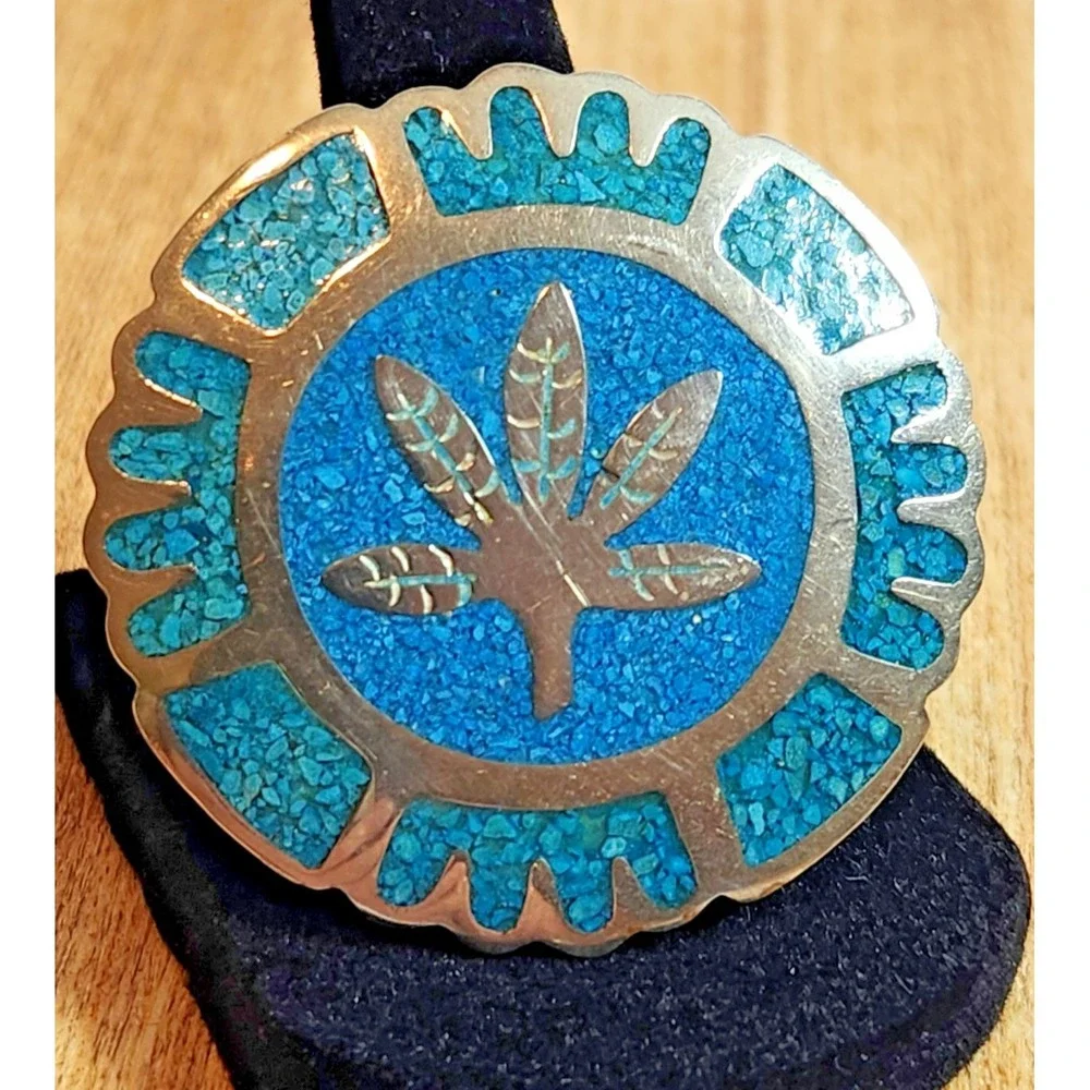 Vintage‎ Sterling Silver & Turquoise Aztec Mayan Signed Alpaca Brooch Pendant